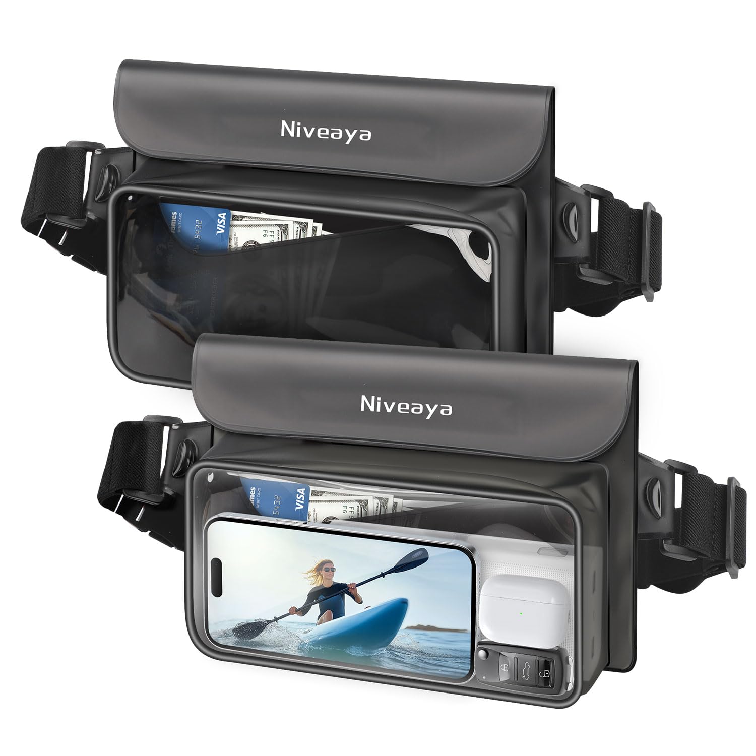 Niveaya IP68 Waterproof Fanny Pack - 2 Pack, Floating Dry Bag Pouch, Phone Waterproof Waist Pouch Dry Bag, Beach, Kayaking, Swimming, Boat Essentials, for iPhone 17/16/15/14/13/12 Pro Max up to 9.5"