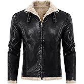 Snullo Men's Casual Faux Leather Zip Up Long Sleeve Bomber Jacket Fashion Suede Sherpa Jacket Aviator PU Coat with Pockets