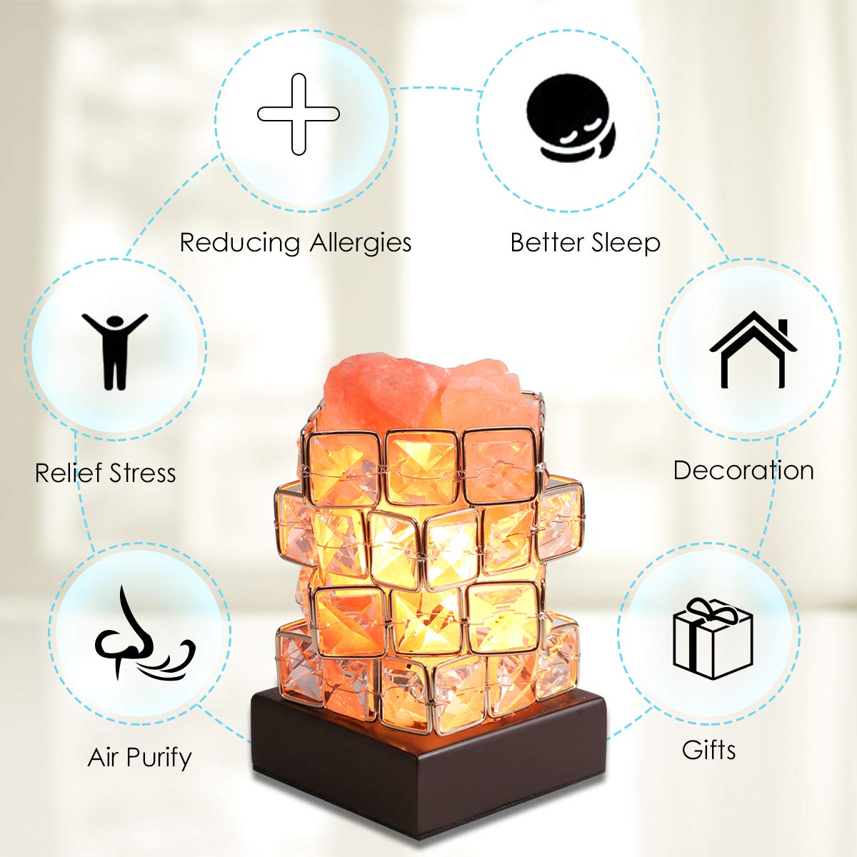 Himalayan Salt Lamp Pink Rock Salt Lamps Night Light,Greenclick Himalayan lonic Natural Salt Crystal Light Lamp With Wooden Base,Dimming Switch & UL-Listed Cord Best Gift Idea