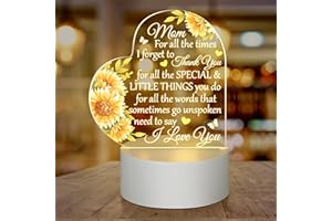 Jetec Mothers Day Gifts Best Mom Birthday Gifts from Daughter Son Thank You Gifts for Mom Sunflower Engraved Acrylic Heart Night Light Table Decor USB Low Power Night Lamps(Mom for All The Times)