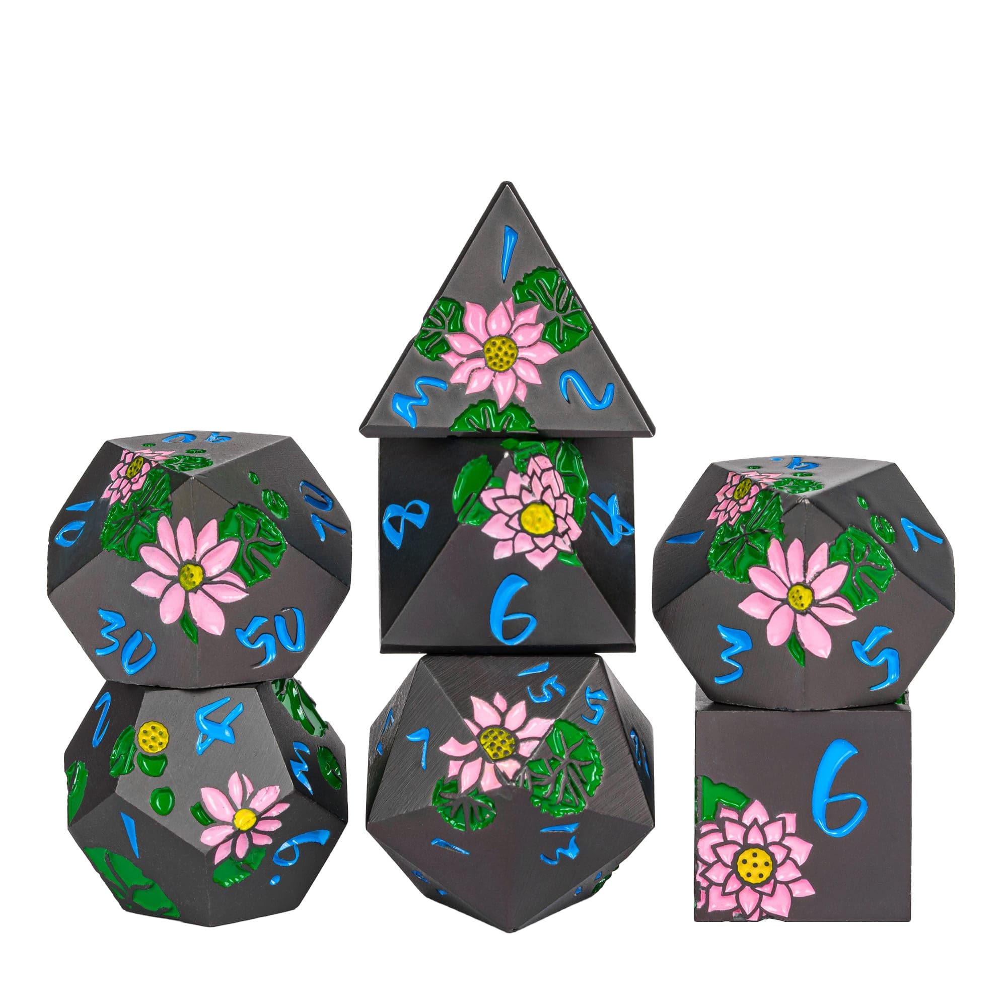 Cusdie 7-Die Lotus Metal DND Dice Set, D&D Metal Dice, Polyhedral Dice Set, for Role Playing Game Pathfinder(Black w/Blue Numbers)