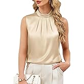 Funlingo Womens Satin Tank Tops Summer Sleeveless Mock Neck Dressy Blouses Pleated Work Shirts Business Casual Outfit