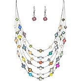 Crystal Beaded Statement Necklace for Women Boho Colorful Multi-Strand Necklace and Earring Sets for Women Fashion Jewelry Gifts for Mom