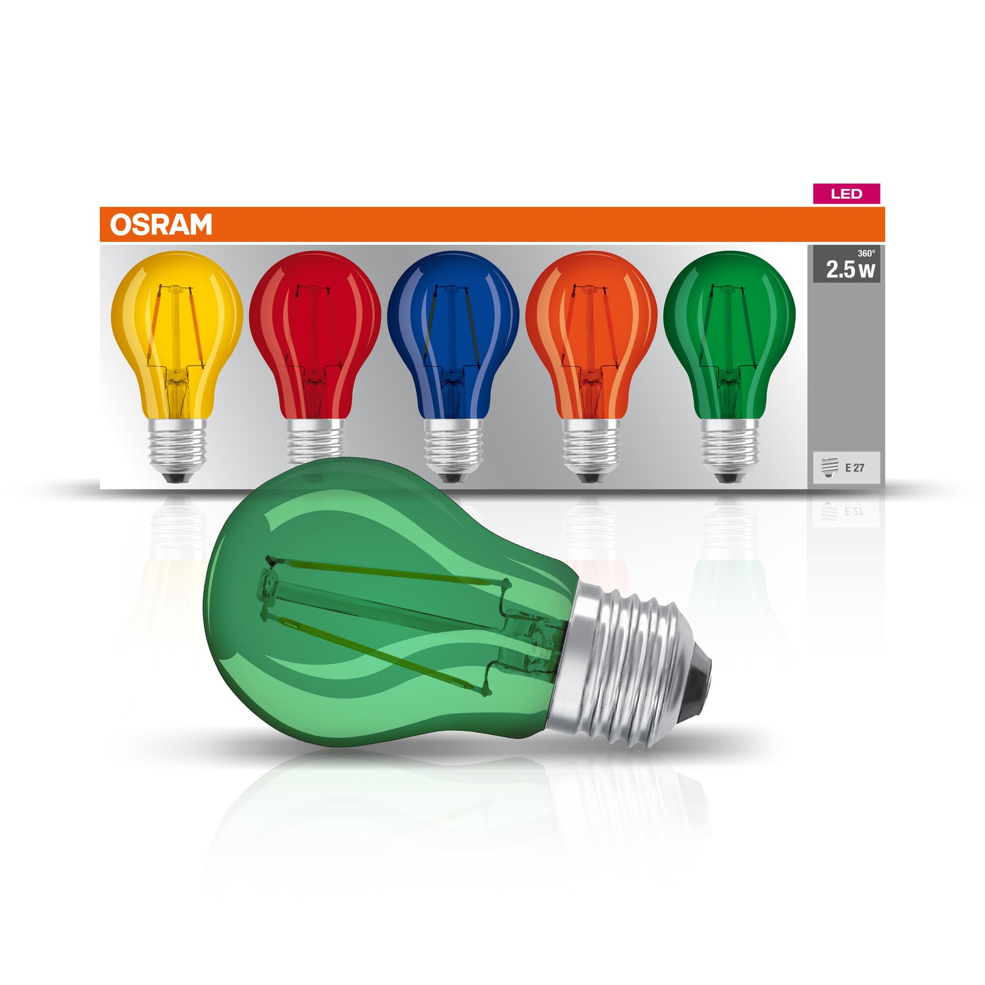 OSRAM LED Star Classic A Décor Color Box, in Bulb Shape with E27 Base, Decorative Light and Design, Replaces 15-watt, Plastic, 2 watts, E27, Colored, Pack of 5