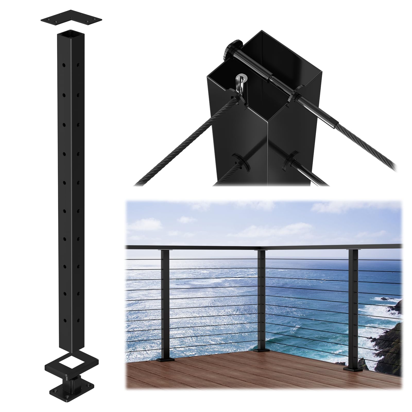 Photo 1 of Muzata Aluminum Black Corner Cable Railing Post 36 Inch 36"X2"x2" T-drilled One-Post Corner Solution Surface Mount Cable Railing System Kit Indoor Outdoor Seaside with User Guide PD02 B3AS