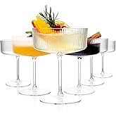 Ciaell 12PCS Plastic Ribbed Martini Glasses - 10 Oz Disposable Coupe Glasses with Stem - Heavy Duty Margarita Cups for Bars, Cocktails, Whiskey, Parties & Wedding