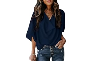 Charne Women Summer Short Sleeve Shirts V Neck Fashion Blouse Casual Flowy Draped Front Tops