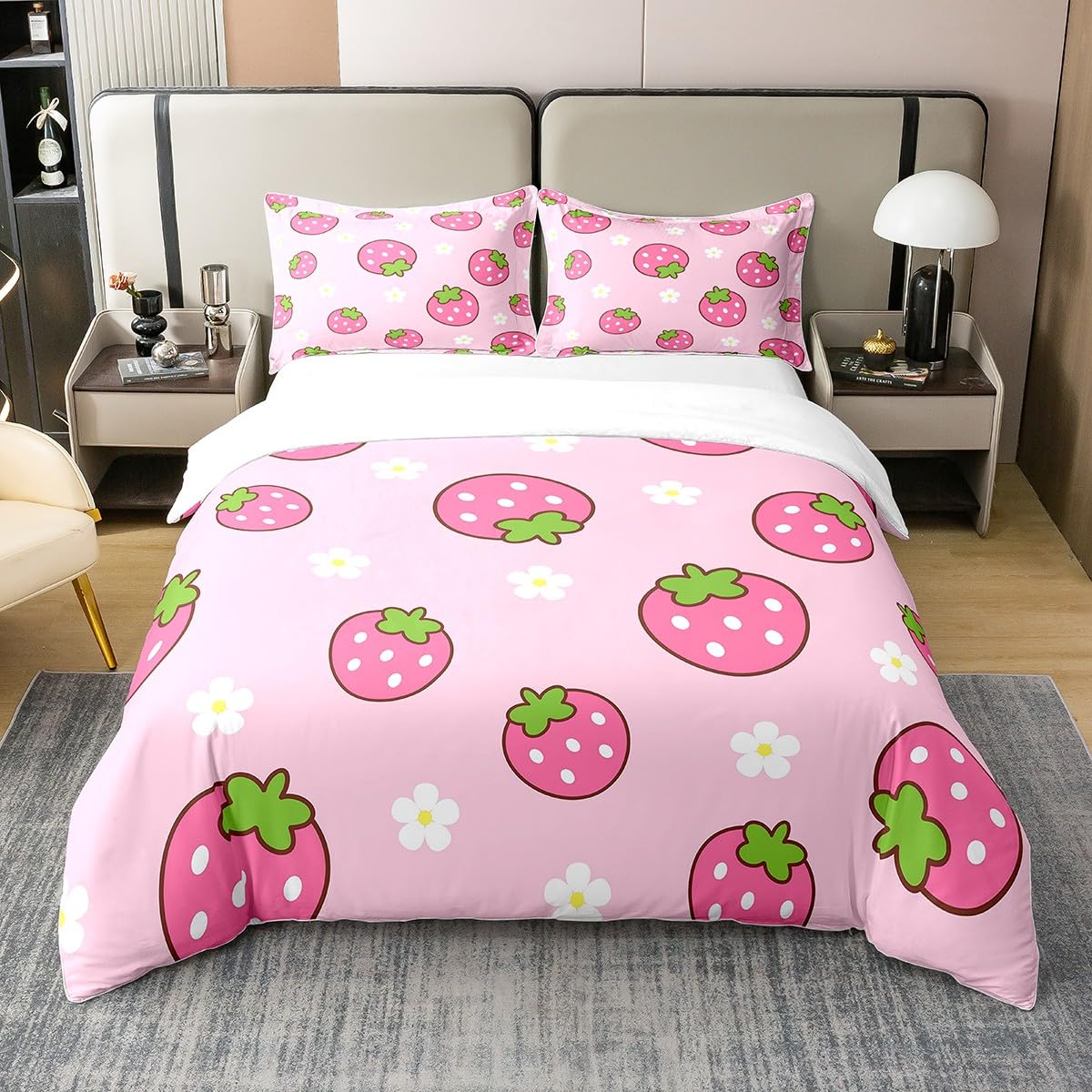 Cartoon Strawberry 100% Cotton Duvet Cover Single,Kids Kawaii Tropical Pink Strawberries Bedding Set,Little White Yellow Daisy Comforter Cover,Cute Summer Fruits Bed Sets with 1 Pillowcase Lightweight