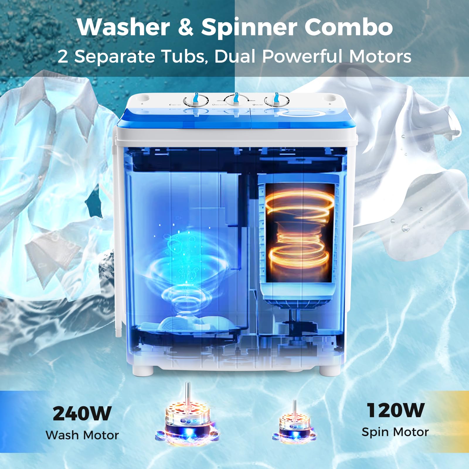 Giantex Portable Washing Machine, 17.6lbs Compact Washer Spinner Combo with Pump Drain, Twin Tub 11lbs Wash & 6.6lbs Spin, Lavadoras Portatiles for Apartment RV Dorm College (White & Blue)