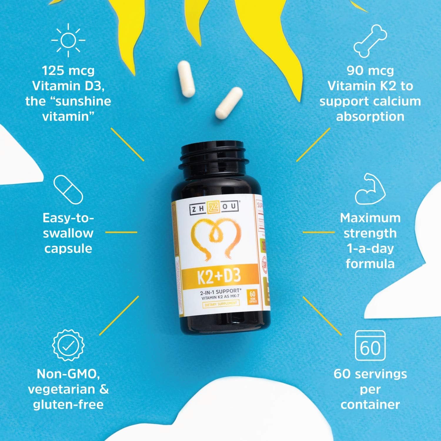 Vitamin K2 (MK7) with D3 Supplement - Vitamin D & K Complex - Bone and Heart Health Formula - 5000 IU Vitamin D3 & 90 mcg Vitamin K2 MK-7 - 60 Small & Easy to Swallow Vegetable Capsules: Health & Personal Care