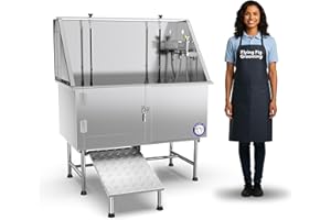 FLYING PIG GROOMING Flying Pig 50" Stainless Steel Pet Dog Grooming Bath Tub with Walk-in Ramp & Accessories (Left Door/Right Drain)