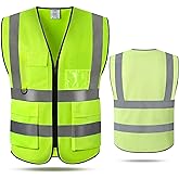Hanpex 5 Pockets Class 2 High Visibility Safety Vest with Reflective Strips, Pockets Zipper Front Meets