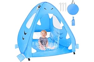 TURNMEON [ Extra High ] Shark Baby Beach Tent with Pool, Pop Up Baby Pool Tent UPF 50+ UV Protection 4 Sand Pockets 3 Mesh Windows Waterproof Sun Shelters Beach Shade Tent for 1-2 Baby Toddler Aged 3-60 Months