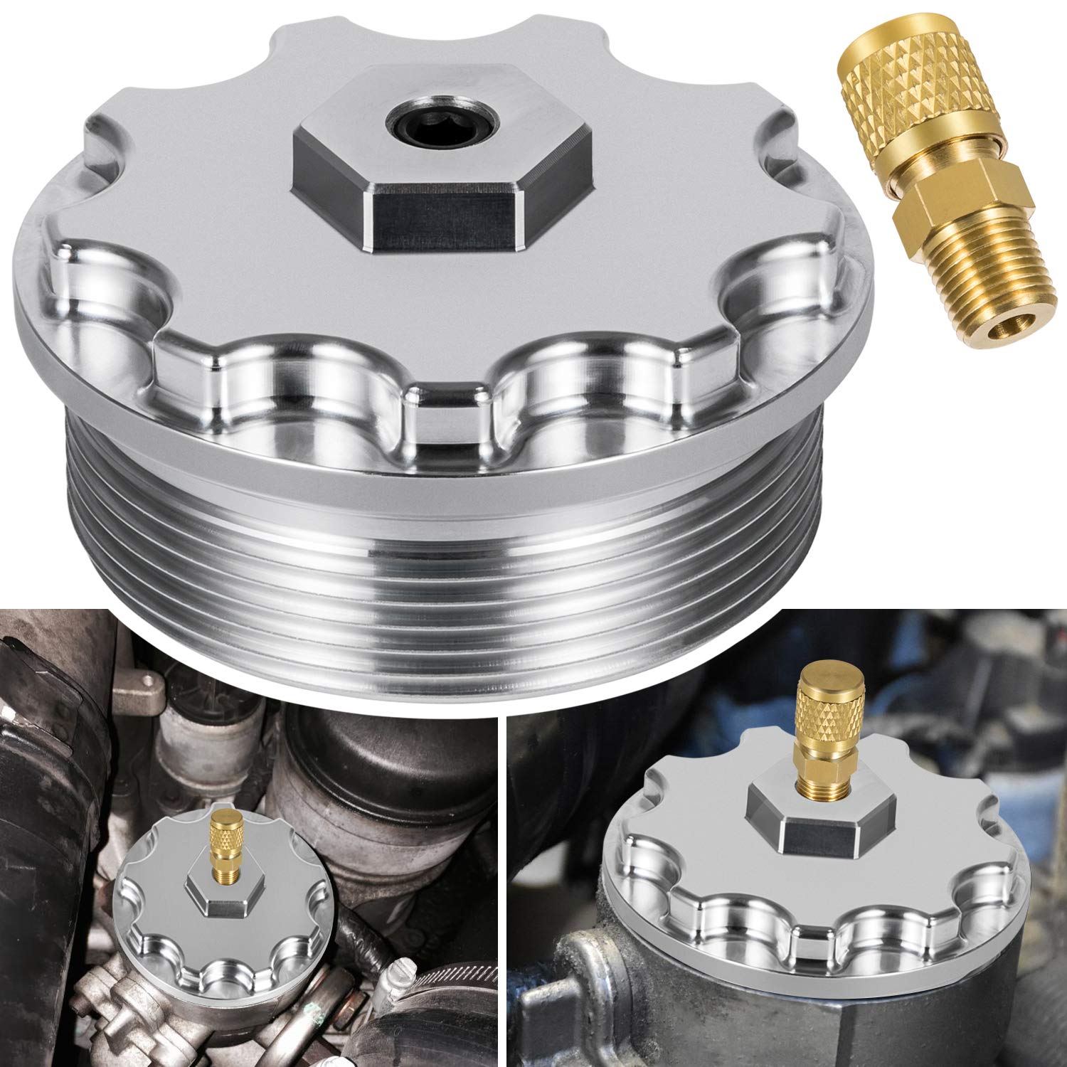 Photo 1 of Fuel Filter Cap For Ford 6.0L Powerstroke Diesel 2003-2007 F250 F350 F450 F550 F650 F750 Excursion E150 E250 E350 E450 With Fuel Pressure Port Aluminum Silver