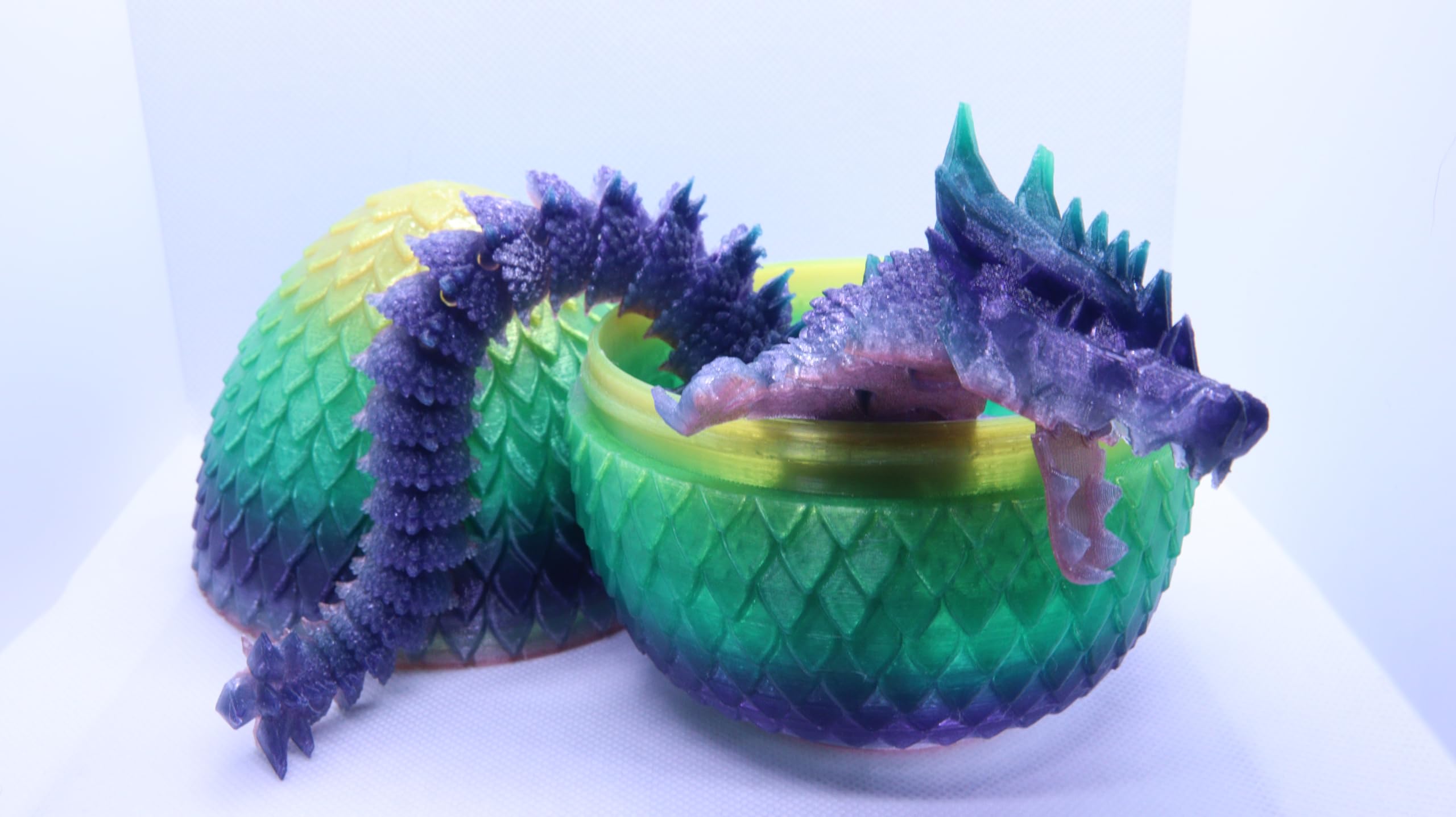 3D Printed ariculated Dragon and Egg Sculpture, Green/Purple/Yellow, Decorative 330mm, Hinged jaw, Large 130x100mm Dragon Egg