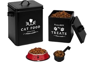 Meraki Home Farmhouse Cat Food and Treats Containers + Feed Scoop + Pet Food Bowl - Tight Lids - Large Metal Storage Bin - Great Gift for Cute Pets (Matte Black)