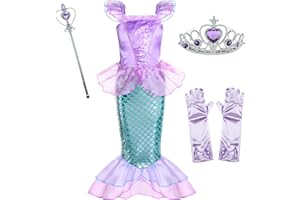 PARTY CHILI Little Girls Mermaid Princess Costume for Girls Dress Up Party with Gloves,Crown Mace 3-10 Years