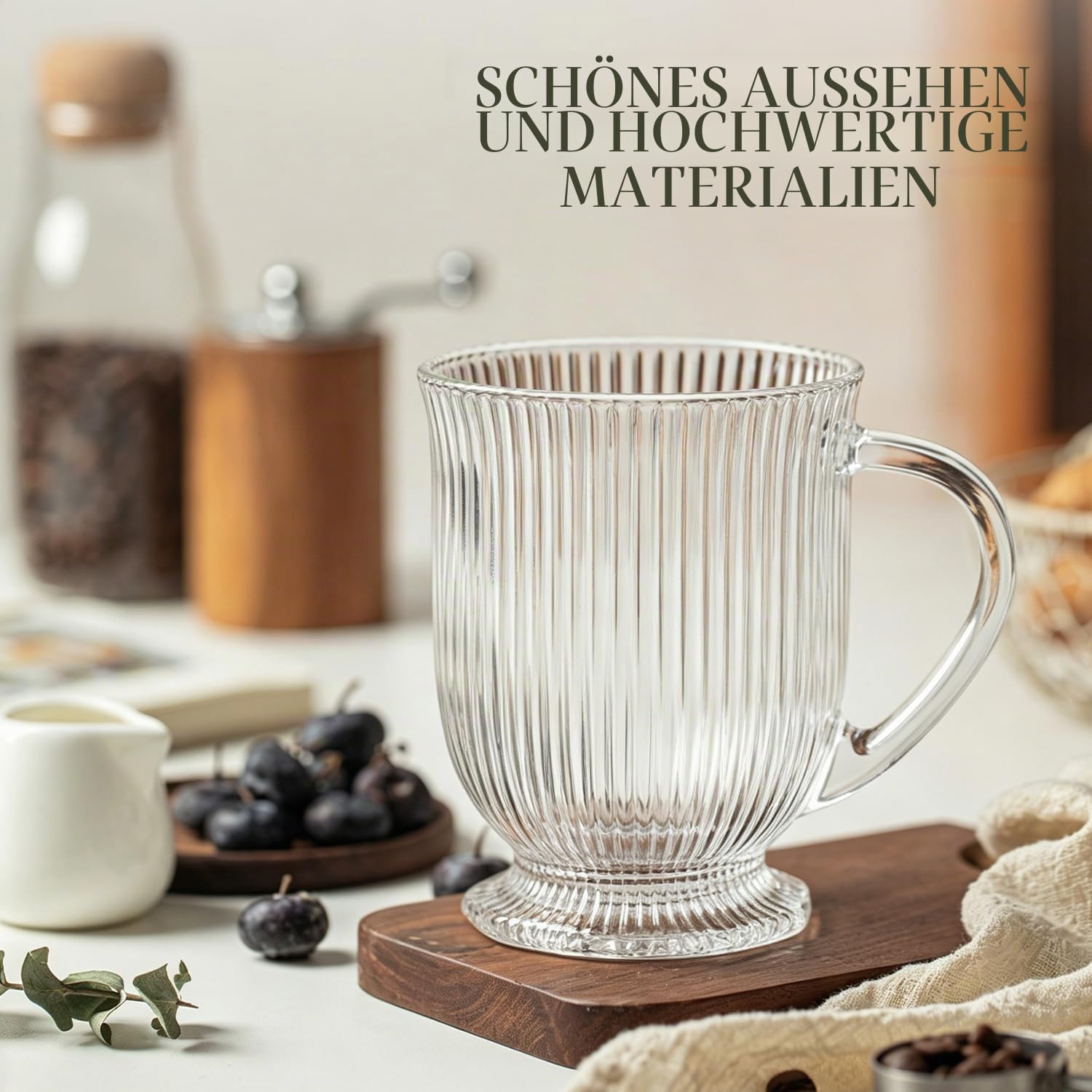 KEMORELA 4er-Set Glas Tassen 480ml mit Henkel, Irische Rillengläser für Heiße & Kalte Getränke, Spülmaschinengeeignet 4