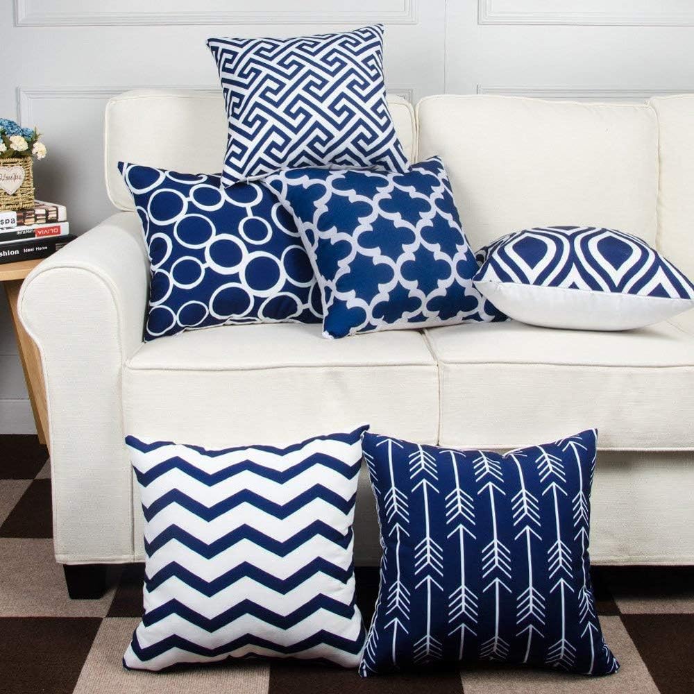 JCarry Throw Pillow Cover 18x18 Set of 6, Geometric Pattern Pillow Cases, Super Soft Cotton Blend Cushion Cover, Home Decorative Pillow Cover for Living Room Bedroom Car Sofa, 45x45cm (Navy)