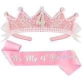 CUBACO Birthday Girl Crown and Sash, 4th Birthday Girl Headband Princess Pink Crown 4 Year Old Girl Birthday Gifts Outfit Birthday Decorations,Suitable for Party Favors Decorations