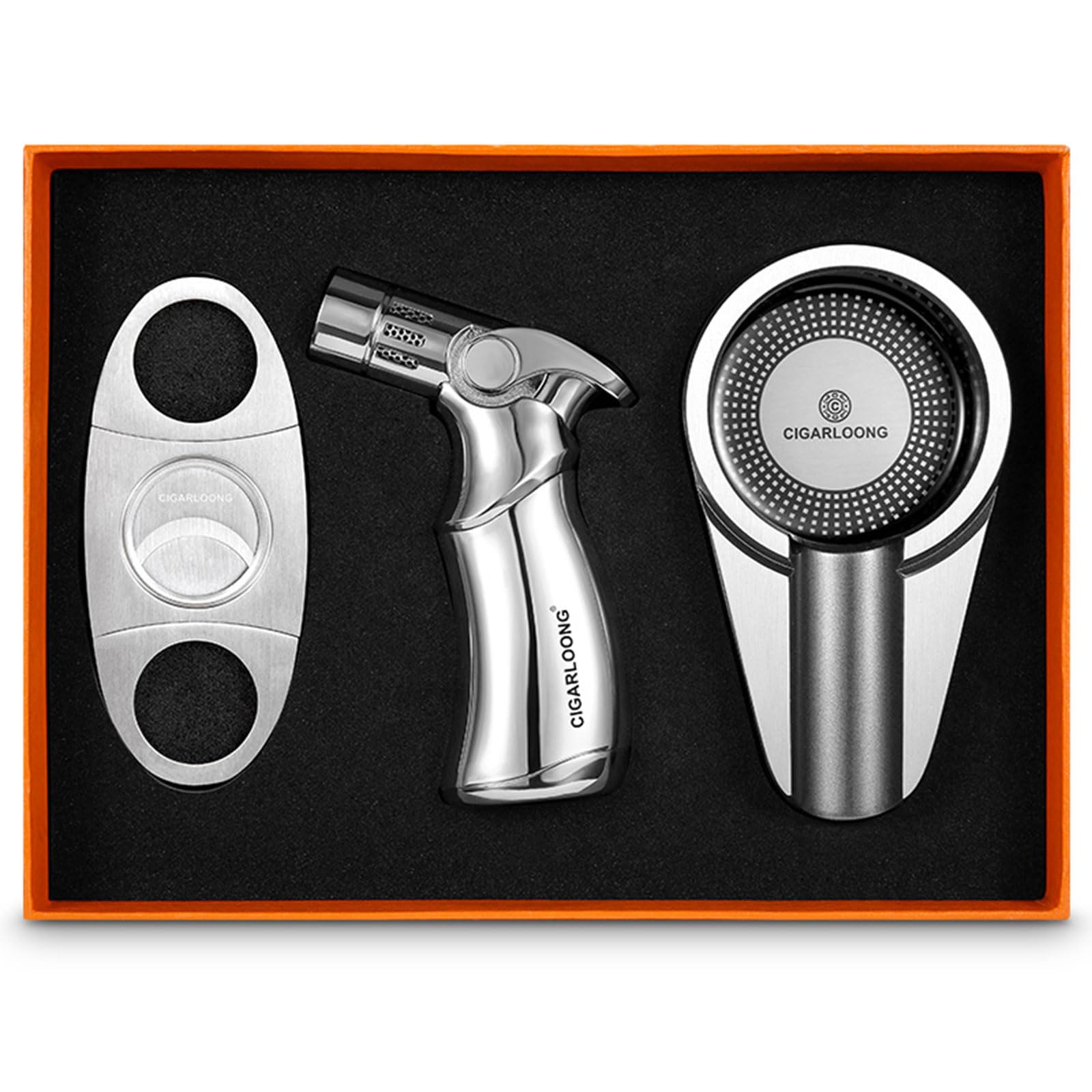 CIGARLOONG Cigar Cutter and Lighter Set Double Blade Simple Cigar Guillotine and 4 Jet Torch Flames Refillable Lighter wtih Zinc Alloy Ashtray