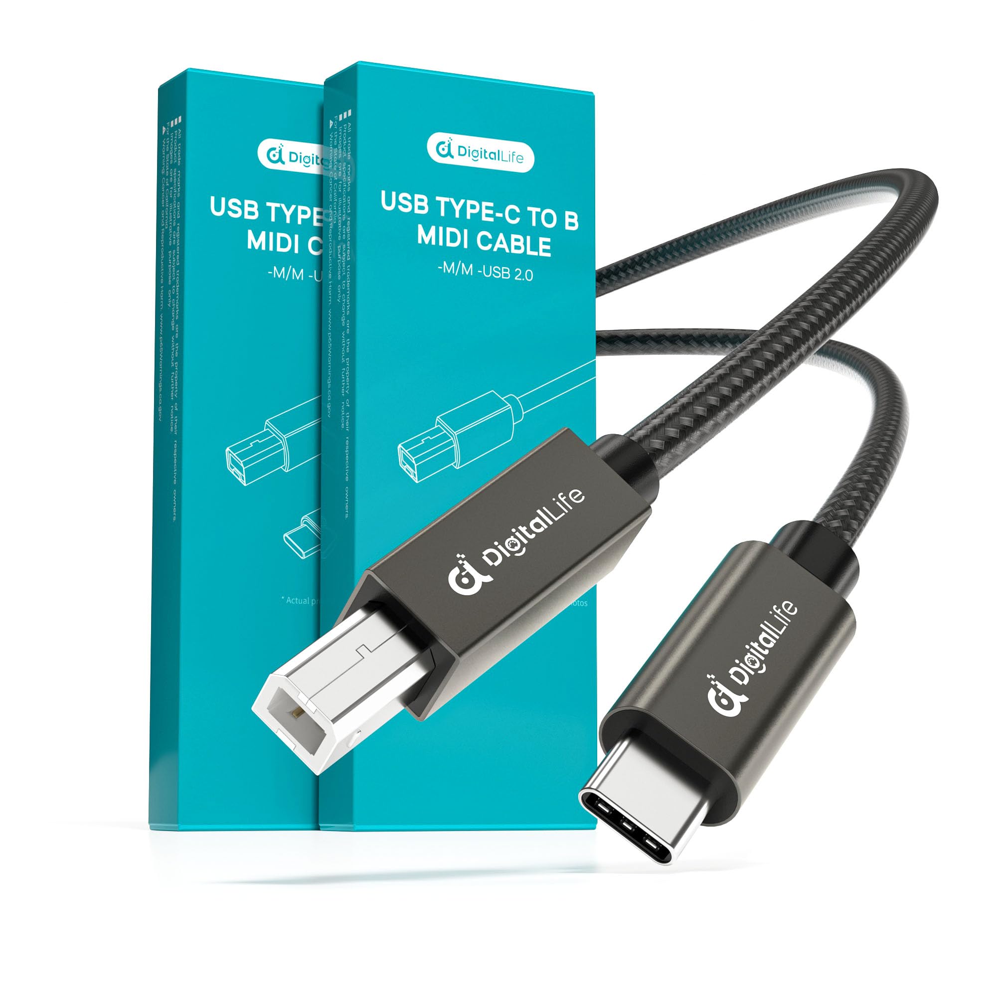 DigitalLife FlexMIDI Vortex Series | 2-Pack 2M USB-C to USB-B MIDI Cable, Nylon Braided, Metal Connectors, for MIDI Keyboards, Controllers & Audio Interfaces, Compatible with Windows, macOS & Linux
