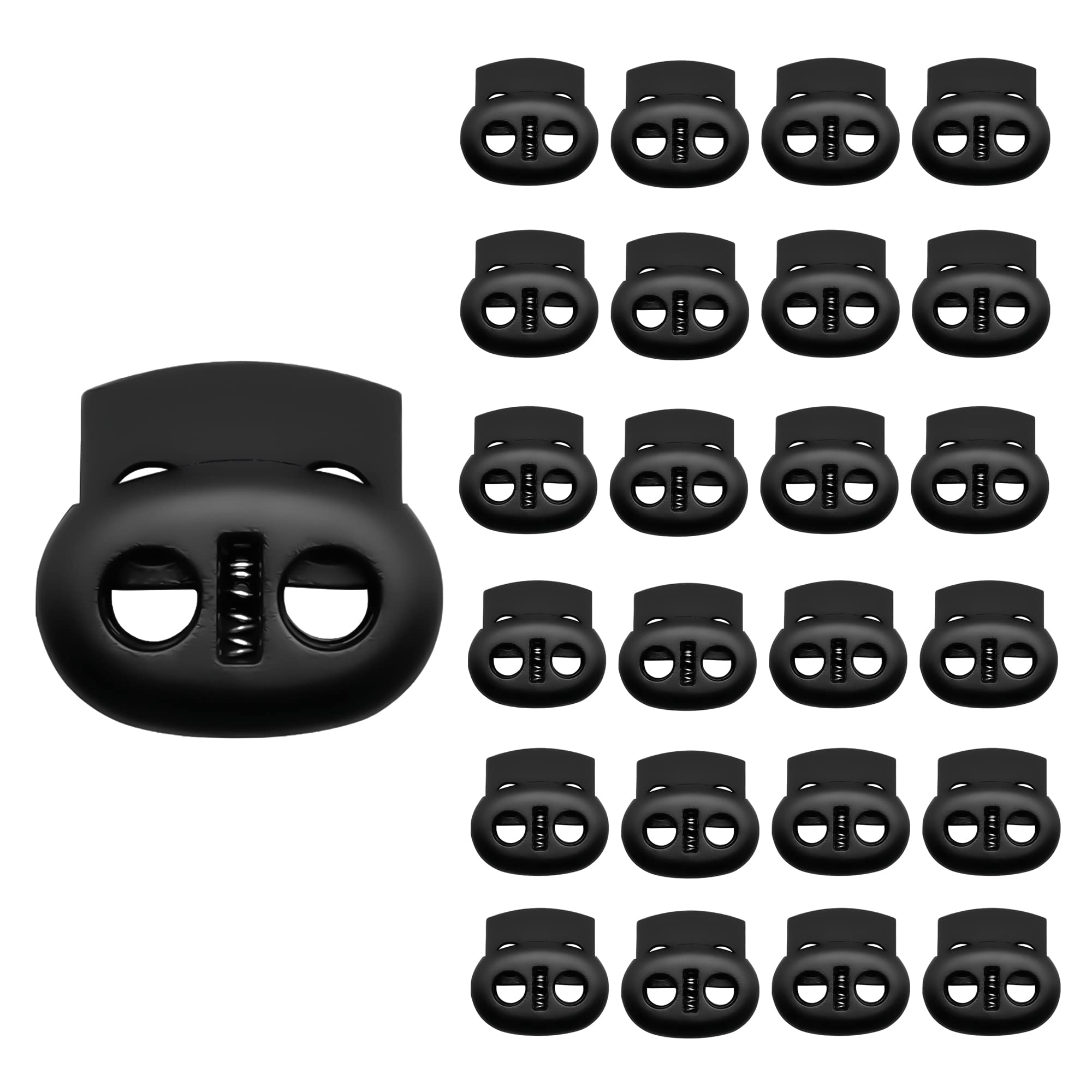 24 Pack Spring Loaded Plastic Round Double Holes Stoppers Cord Ends Fastener Oval Toggle Locks for Drawstrings Shoelace Backpacks Paracord Crafting Camping Hiking or Lanyards (24)