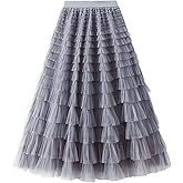 Dirholl Women's A-Line Fairy Patterned Elastic Waist Ruffle Tulle Layered Midi Skirt