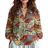 Akivide Women's Ethnic Boho Floral Printed Long Sleeve Tops Oversized Loose Linen Lapel Collared Button Down Blouse Shirt