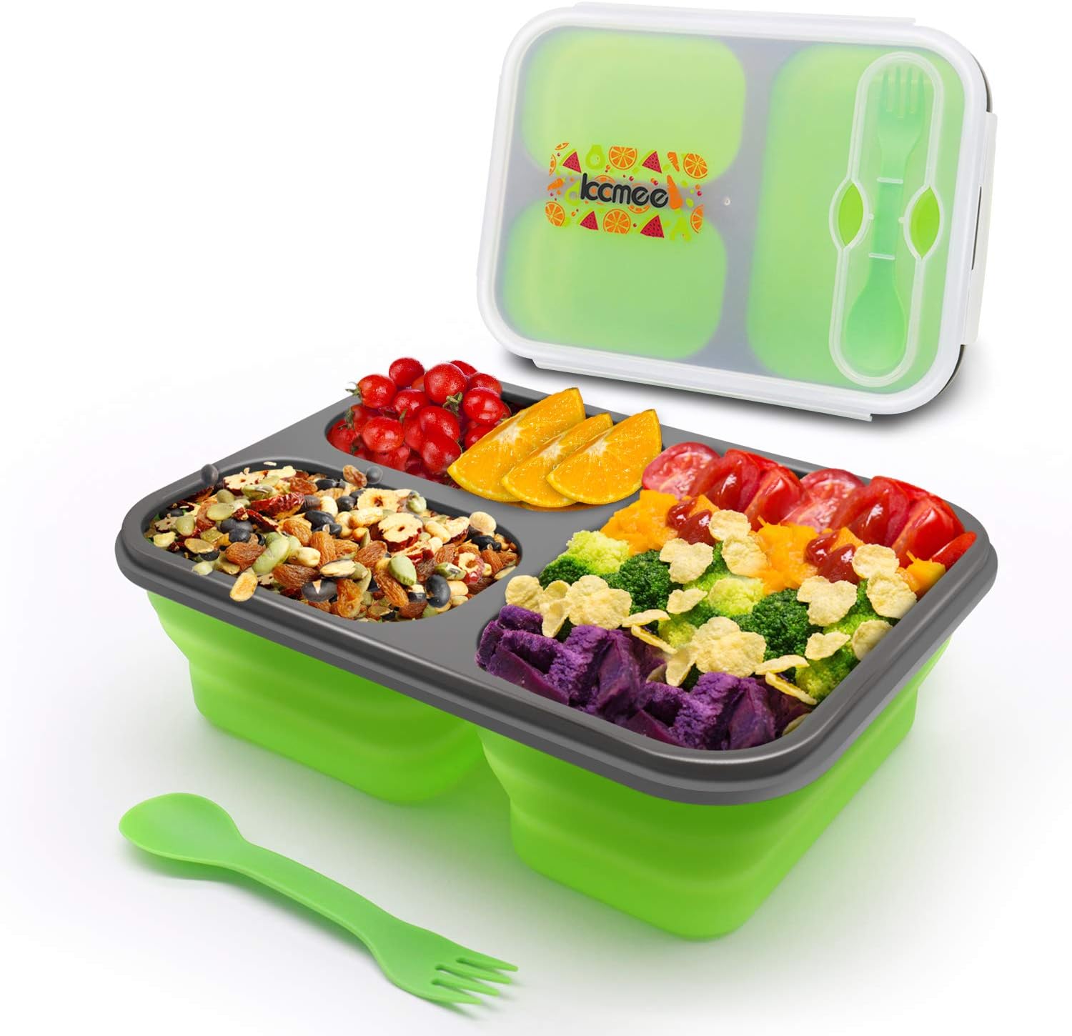 KCMEE Foldable Kids Bento Box 【2019 Upgraded】Collapsible Silicone Lunch box for kids and adults, Leakproof with 3 Compartments, Women Reusable Meal Prep Container with Fork Spoon & Lid