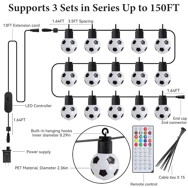 LIUZPATIAL SOCCER 50 FT SMART OUTDOOR STRING LIGHTS WATERPROOF, 15 RGBW LED BULBS 16 MILLION COLORS WITH APP & REMOTE CONTROL FOR WORLD CUP DECORATIONS 2026