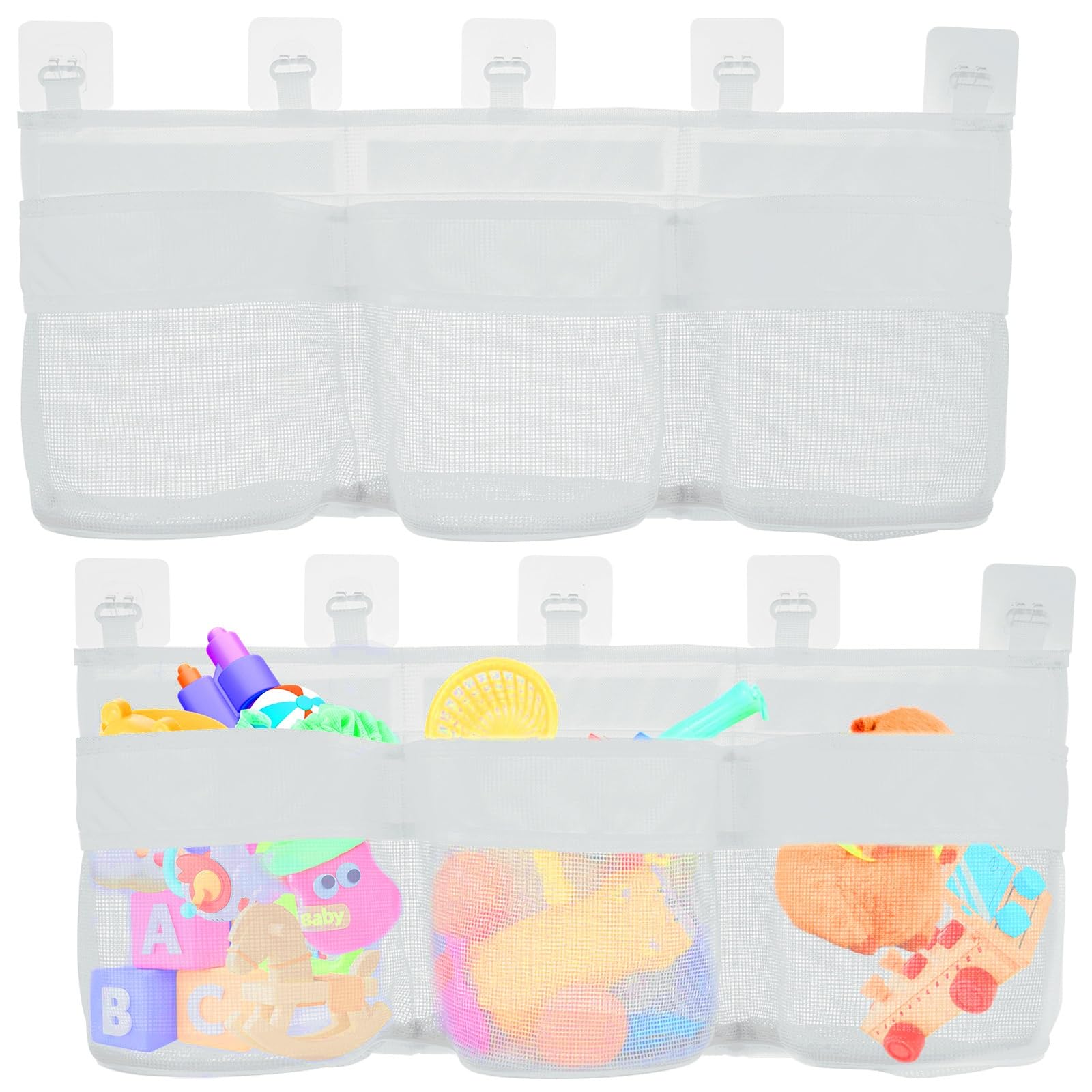 2Pcs Bath Toy Storage Net 60cm Mesh Oxford Cloth Bath Toy Net with 3 Large Compartments Quick-Drying Bathroom Baby Toys Holder Bag for Accessing & Sorting Toys