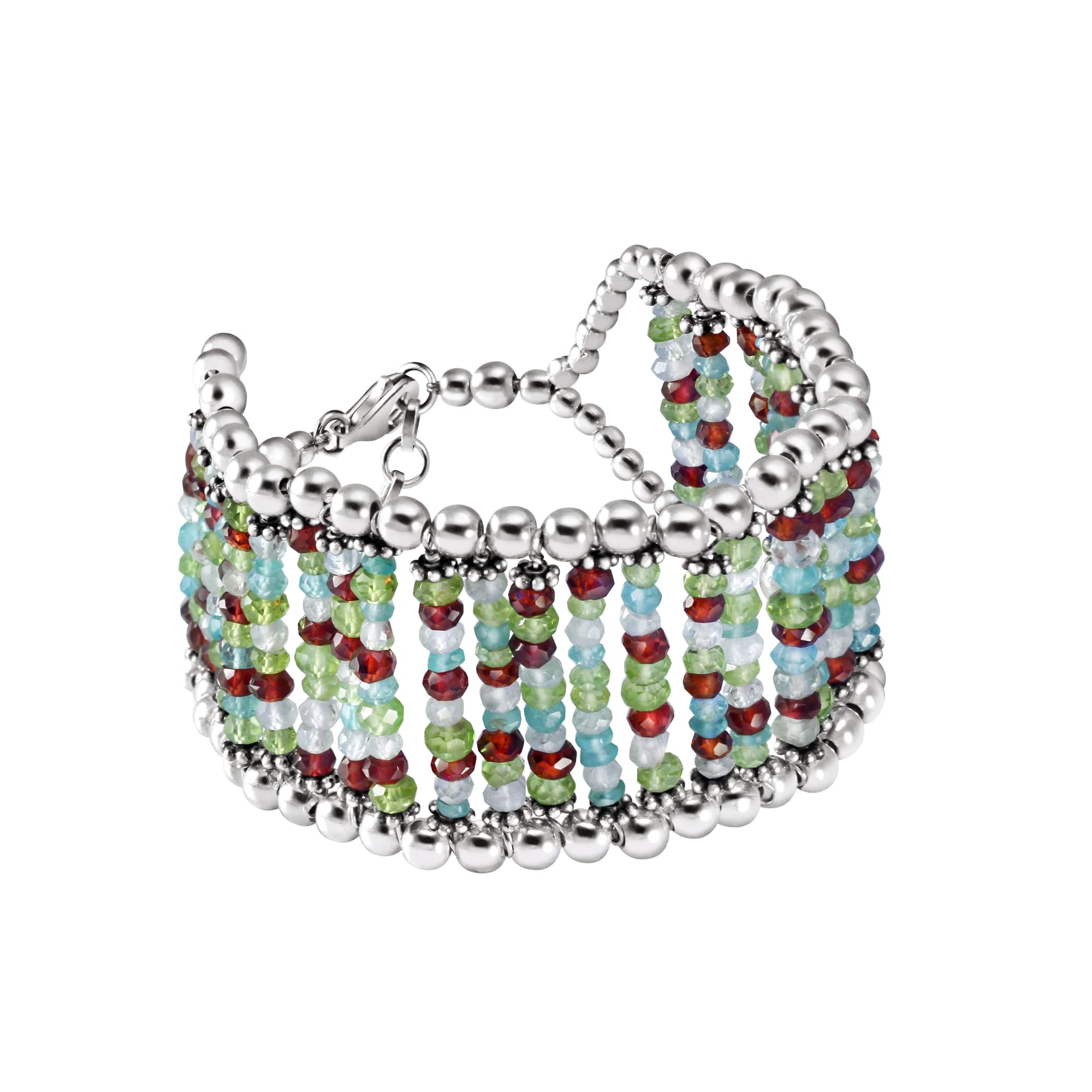 Franki Baker Sterling Silver & Multi Gemstone Colourful Cuff Style Bracelet. Length: 20cm + 5cm extension chain