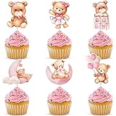 Lemicin 48Pcs Baby Shower Girl Cupcake Toppers Pink Moon for Bear Baby Shower Birthday Cake Topper Decorations for Girls Kids Jungle Animal Theme Birthday Party Cake Supplies