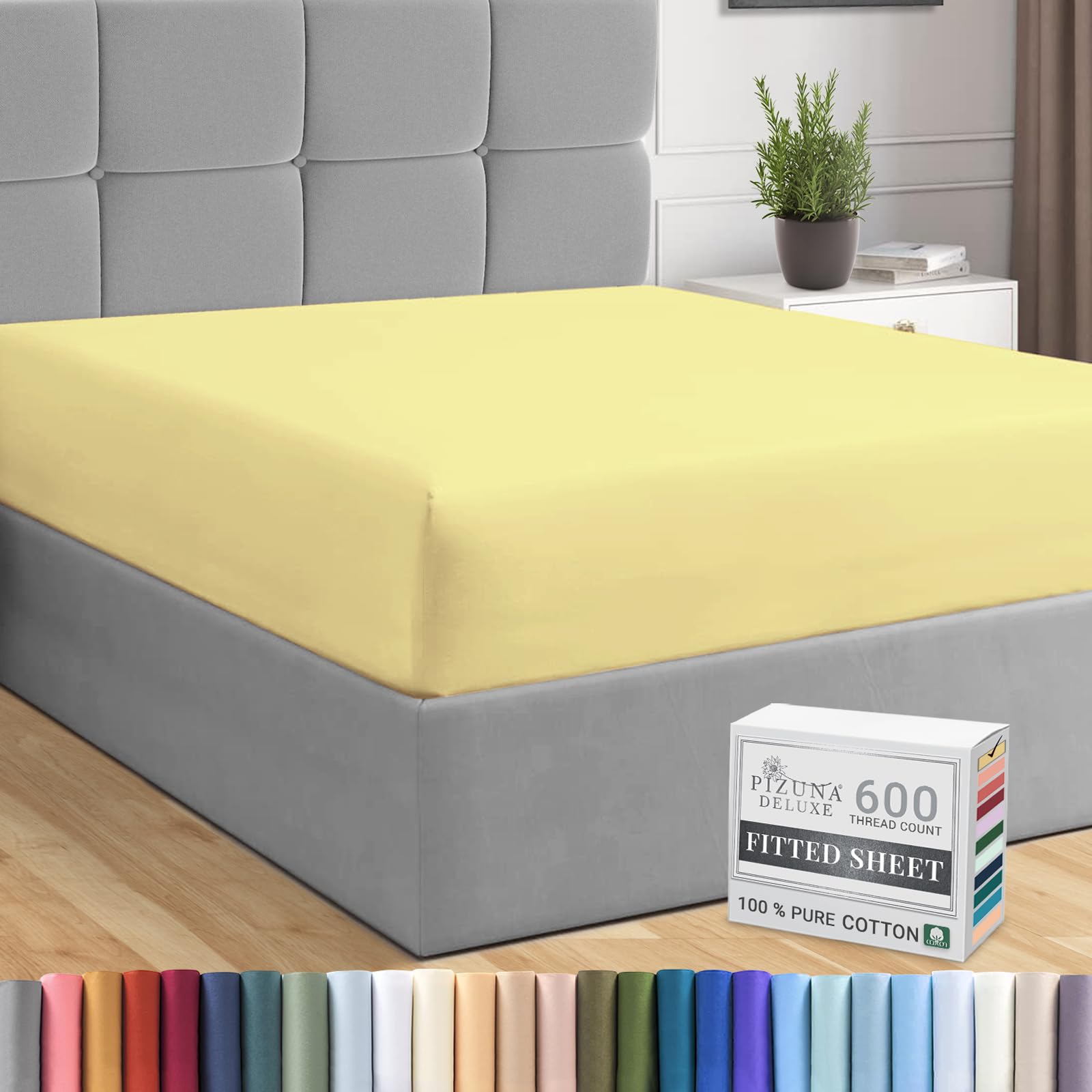 Pizuna Pure Combed Cotton Small Double Fitted Sheet Mellow Yellow, 600 Thread Count 100% Long Staple Cotton Small Double Fitted Sheets 120x200 cm, Sateen Weave 40 cm Deep Fitted Sheets 1 PC