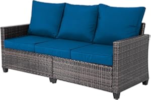 Decksplore All Weather Patio Couch, 3 Seat Outdoor Couch with High Curved Back and Peacock Blue Thick Cushions, Premium Outside Patio Couch with Black and Brown Wicker for Garden, Backyard, Porch
