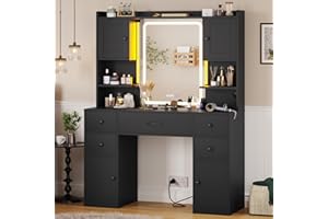 Tiptiper Large Makeup Vanity Desk with Mirror and Lights, Vanity Table with Charging Station & Time Display & Ambient Light, Makeup Table with Drawers & Storage Cabinets, Black