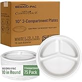 BEIDOU-PAC 3 Compartment Compostable Heavy Duty Disposable Paper Plates, 75 Count | 10 Inch Round | Natural Bagasse, White Biodegradable Eco-Friendly School Lunch, Buffet, Party Sugarcane Tray