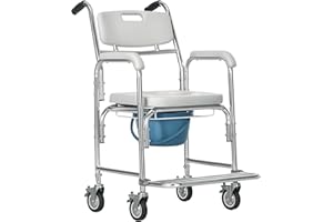 HOMCOM 4-in-1 Bedside Commode Chair with Wheels, Rolling Shower Chair with 17" Wide Padded Seat, Backrest, Arms, Shower Commo