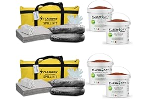 EARTHSAFE FlashDry Portable Complete Spill Kit - Yellow Duffle, Bag Tag, 15 Absorbent Pads, 2 3" x4' Sorbent Socks, Disposal Bags, Nitrile Gloves, 2 5L Buckets of 100% Organic Coir w/Dispenser Lid, Set of 2