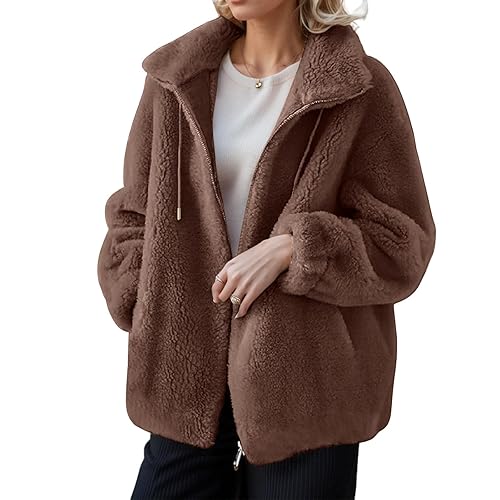 Womens Fuzzy Teddy Jacket Full Zip, Oversized Fleece Hoodie with Pockets, Fluffy Winter Jumper Coat for Women, Warm Casual Sherpa Zip Jacket, Soft Fleece Tops for Ladies Autumn & Winter Outerwear