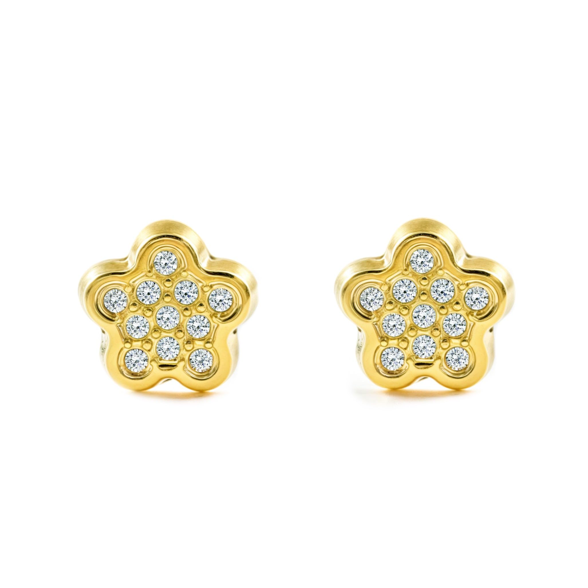 Mondepetit - 9ct Yellow Gold Flower Cubic Zirconias Children's Girls Earrings shine