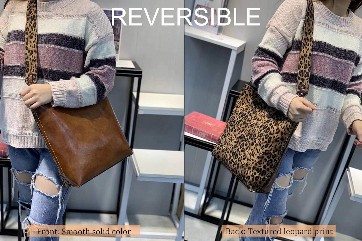 Segater® Women Leopard Print Bag Reversible Leather Tote Bag Oversized Top Handle Large Shoulder Handbag Purse 2 Pcs Coffee - Image 3