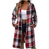 Long Flannel Jacket Women Hooded Plaid Coat Oversized Button Down Shacket 2025 Fall Winter Casual Warm Trench Coats