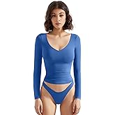 SUUKSESS Women Double Lined Casual V Neck Crop Tank Tops Basic Long Sleeve Shirts