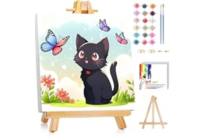 bleihum Cat Paint by Numbers Kit for Kids with Frame and Wooden Easel, Cute Paint by Number for Kids Ages 4-8-12, Oil Painting by Number for Gift Home Wall Decor 8X8inch