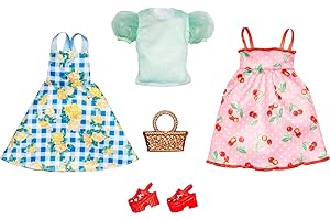 Barbie Fashions Doll Clothes and Accessories Set, 2 Picnic-Themed Dresses with Basket and Shoes for 2 Complete Outfits