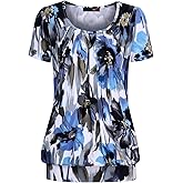 DJT Women's Short Sleeve Summer Tops Scoop Neck Pleated Front Casual Tee T Shirt