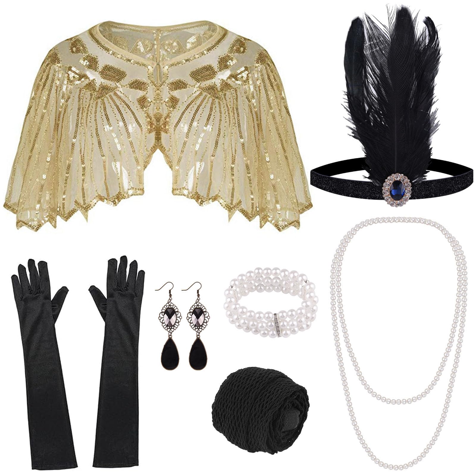 ELECLAND 10 Pieces 1920s Flapper Accessories Set Fashion Roaring 20's Theme Set with Headband Headpiece Long Black Gloves Necklace Earrings for Women(Black Gold)