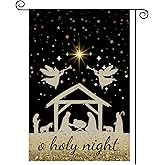 Christmas Garden Flag 12×18 Inch Double Sided Outside,Holy Night Yard Flag Jesus Nativity Winter Garden Flag,Small Burlap,for Outside Xmas Welcome Winter Holiday Yard Decoration